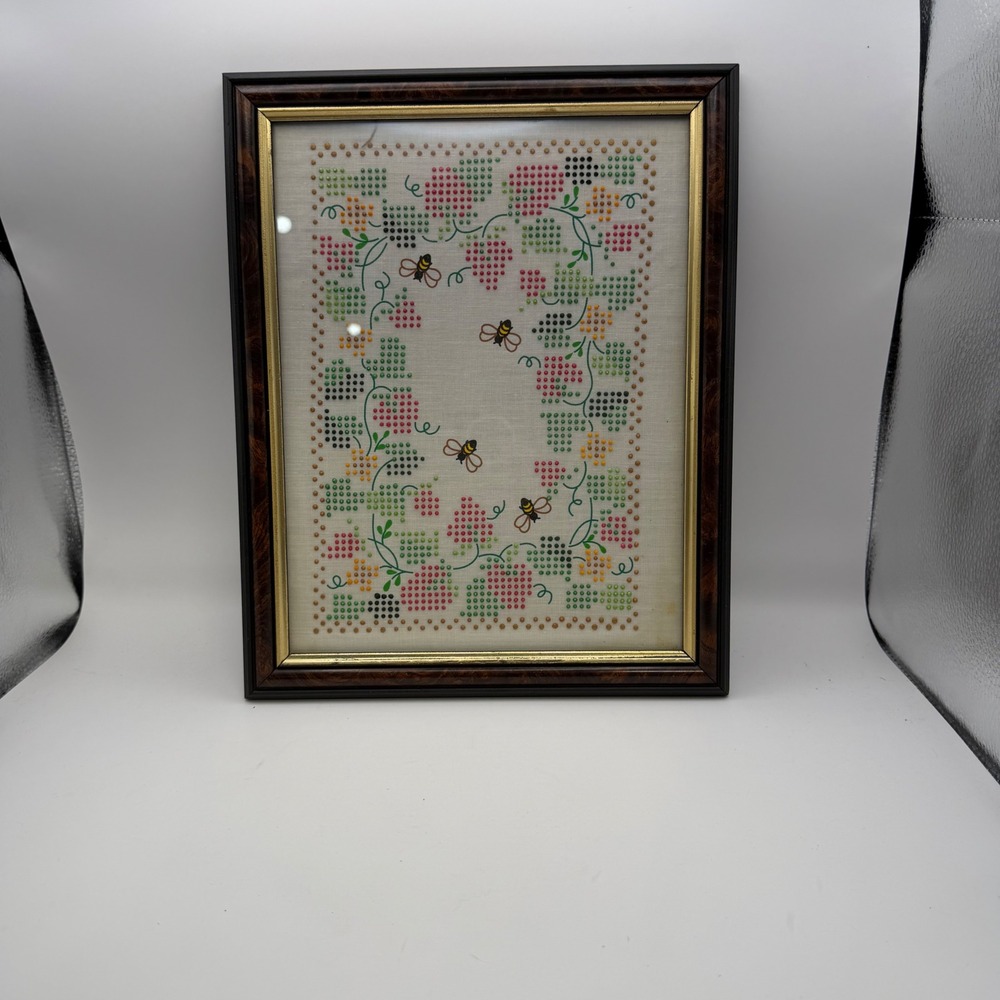 Vintage Framed Bee and Floral Cross Stitch Embroidery Wall Art 9x11